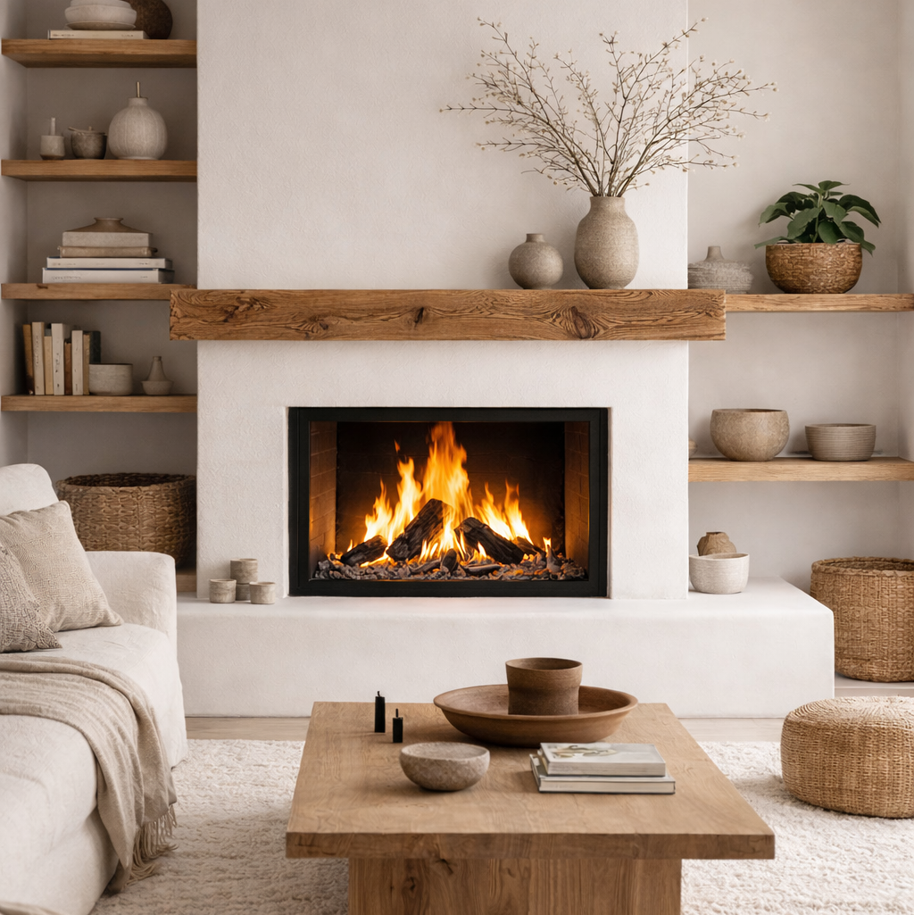 Salón con chimenea y materiales naturales que aportan confort térmico y una sensación de bienestar interior durante el invierno.