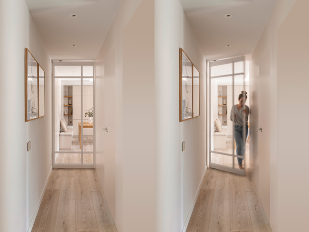 |puerta interior de cristal|puerta diseño industrial|puerta panelada|puertas a ras de pared|puertas paneladas